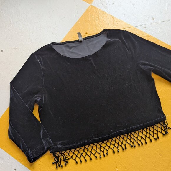 Vintage Y2K Fall Witchy Stretch Velvet Crop Top Bead Fringe Quarter Sleeve - Picture 2 of 9